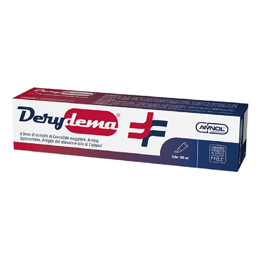 Confezione di Derydema. Colori rosso e blu. Testo in italiano. Logo AMNOL. Senza alcool.
