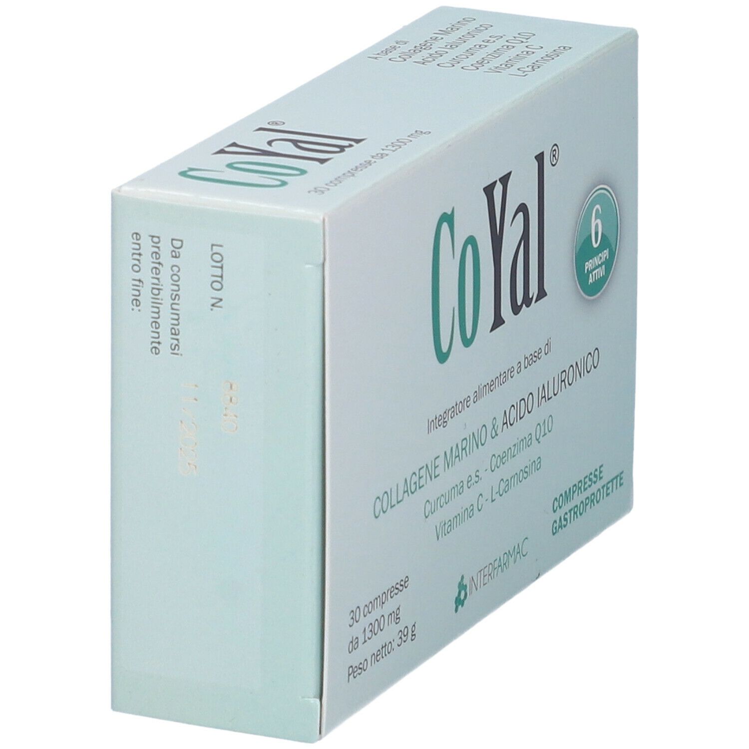 Scatola bianca con logo e testo verdi. Contiene 30 compresse. Scritta: COLLAGENE MARINO & ACIDO IALURONICO.