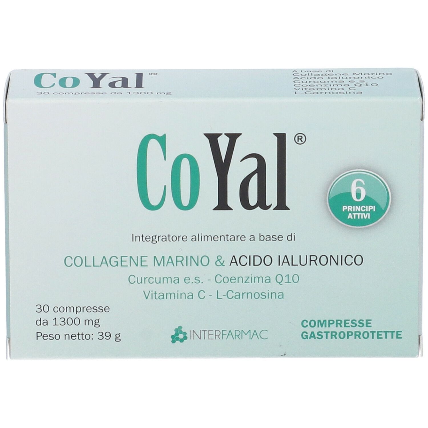 Scatola bianca con logo e testo verdi. Contiene 30 compresse. Scritta: COLLAGENE MARINO & ACIDO IALURONICO.