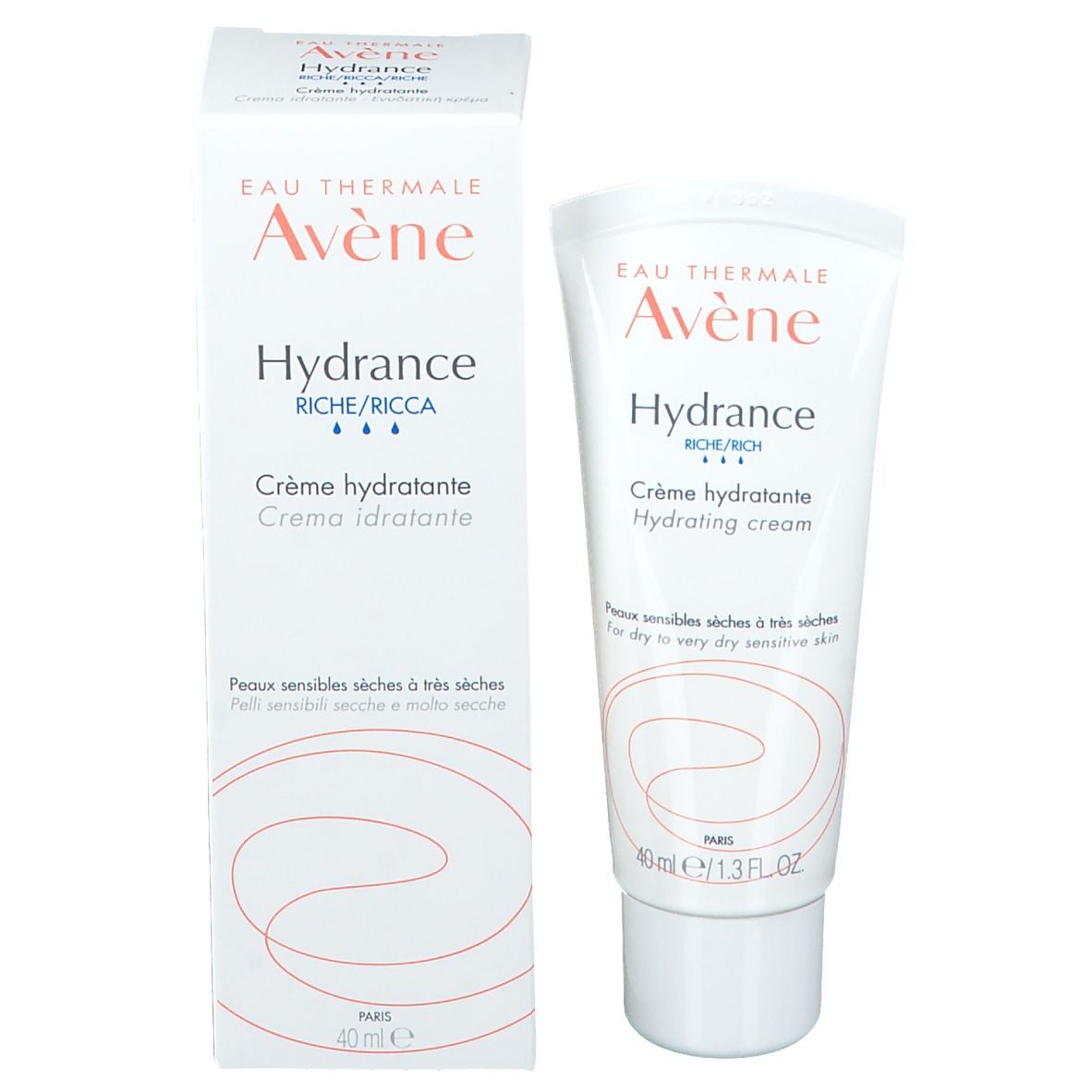 Scatola e tubo bianchi. Stampa: Eau Thermale Avène, Hydrance Riche/Ricca, Crème hydratante, 40 ml.