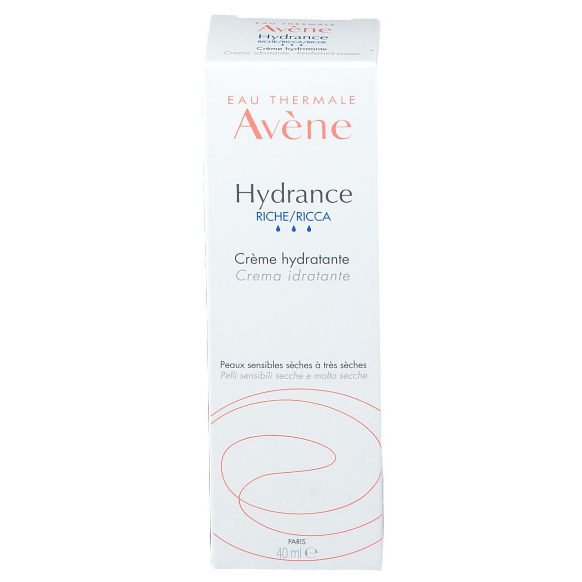 Scatola bianca. Stampa: Eau Thermale Avène, Hydrance Riche/Ricca, Crème hydratante, 40 ml.