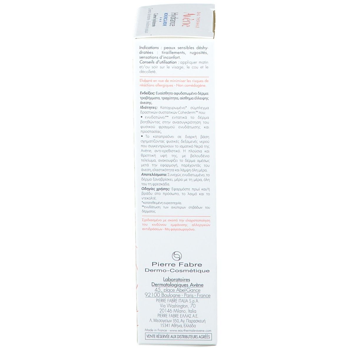 Scatola bianca. Stampa: Eau Thermale Avène, Hydrance Riche/Ricca, Crème hydratante, testo.