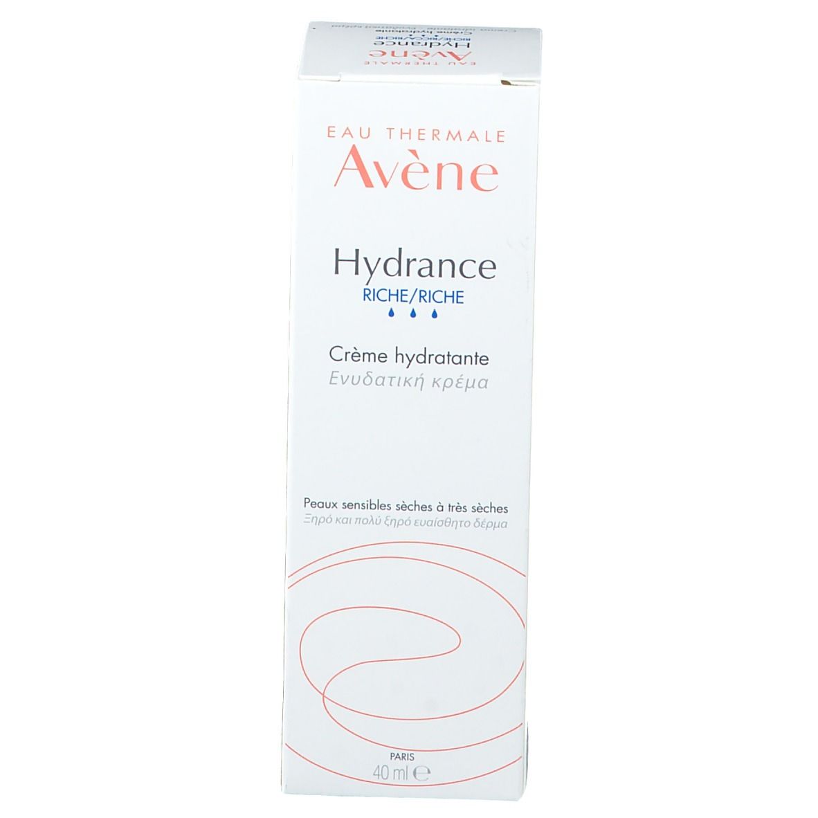 Scatola bianca. Stampa: Eau Thermale Avène, Hydrance, Crème hydratante, testo.