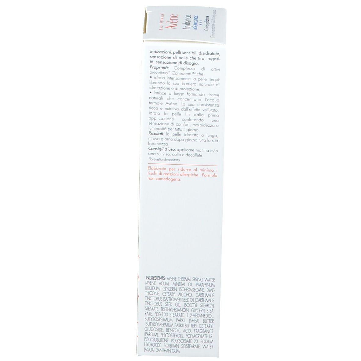 Scatola bianca. Stampa: Eau Thermale Avène, Hydrance, Crème hydratante, testo.