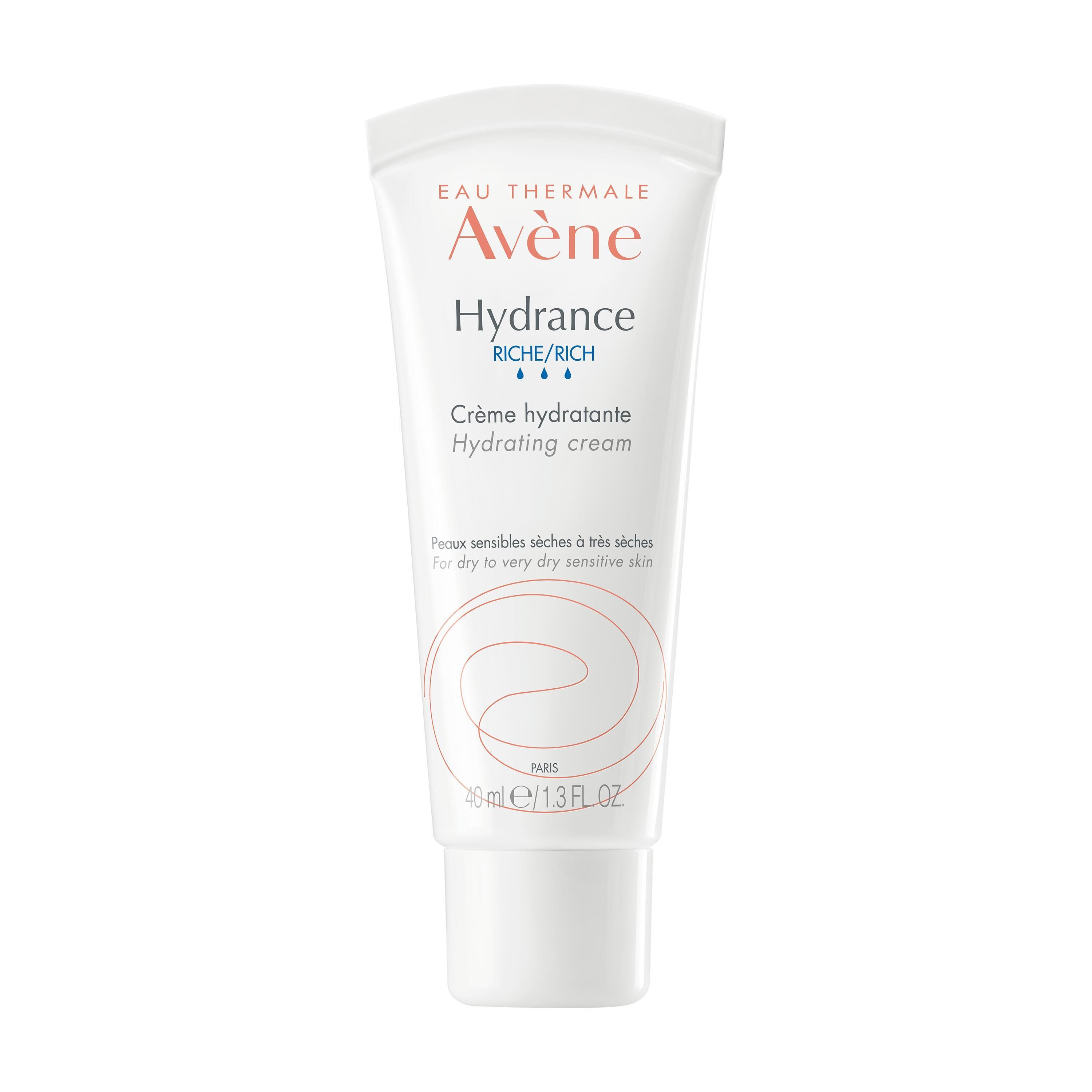Tubo bianco con tappo a vite. Stampa: Eau Thermale Avène, Hydrance Riche/Rich, Crème hydratante, 40 ml.