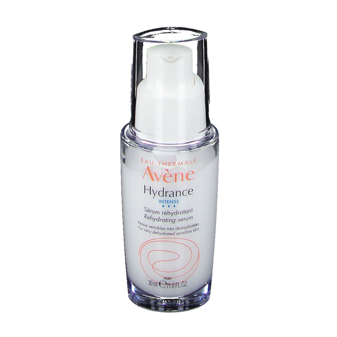 Flacon blanc avec pompe et capuchon transparent. Inscription: Eau Thermale Avène Hydrance Sérum réhydratant.