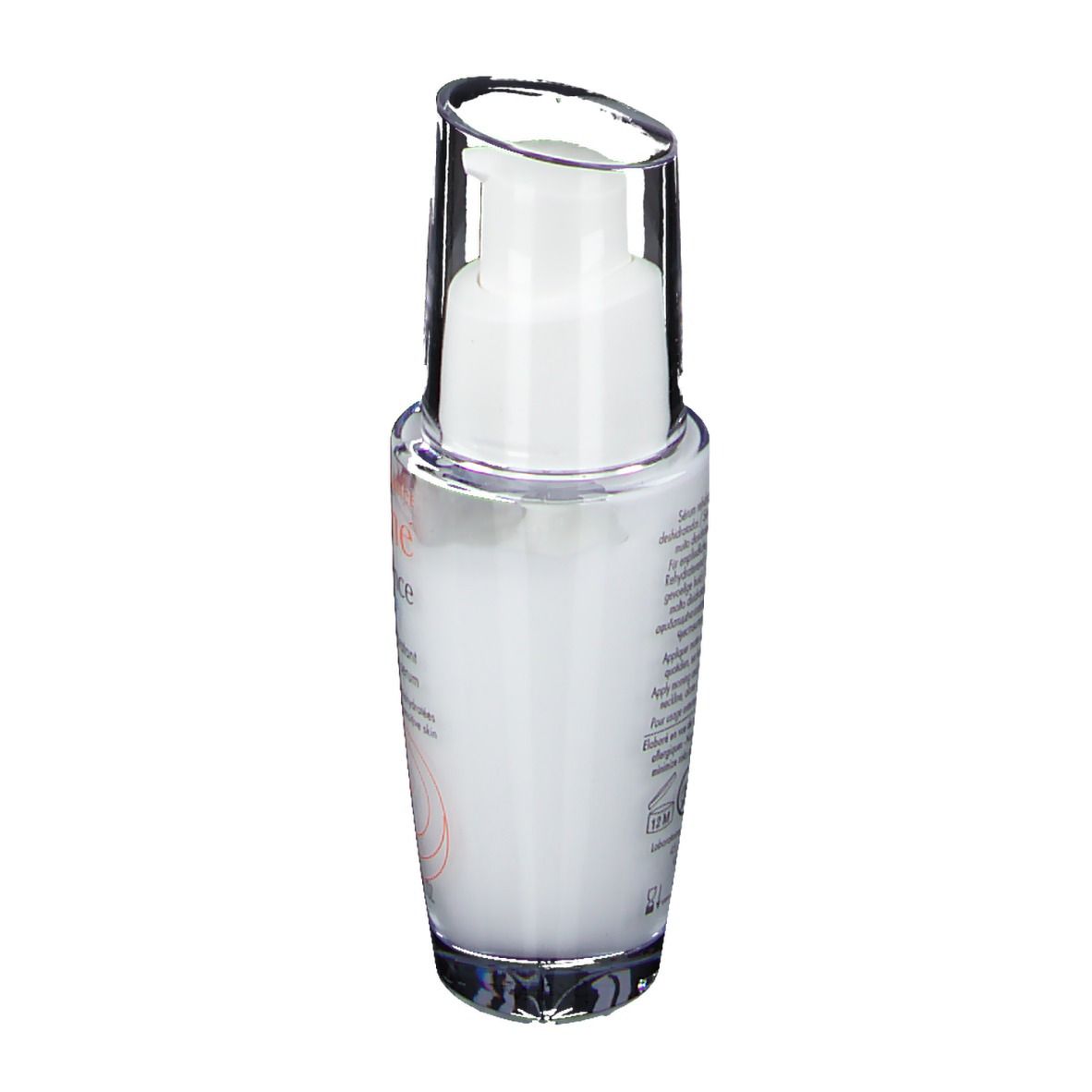 Dos du flacon blanc avec capuchon transparent. Texte: instructions d'utilisation, ingrédients, informations fabricant.