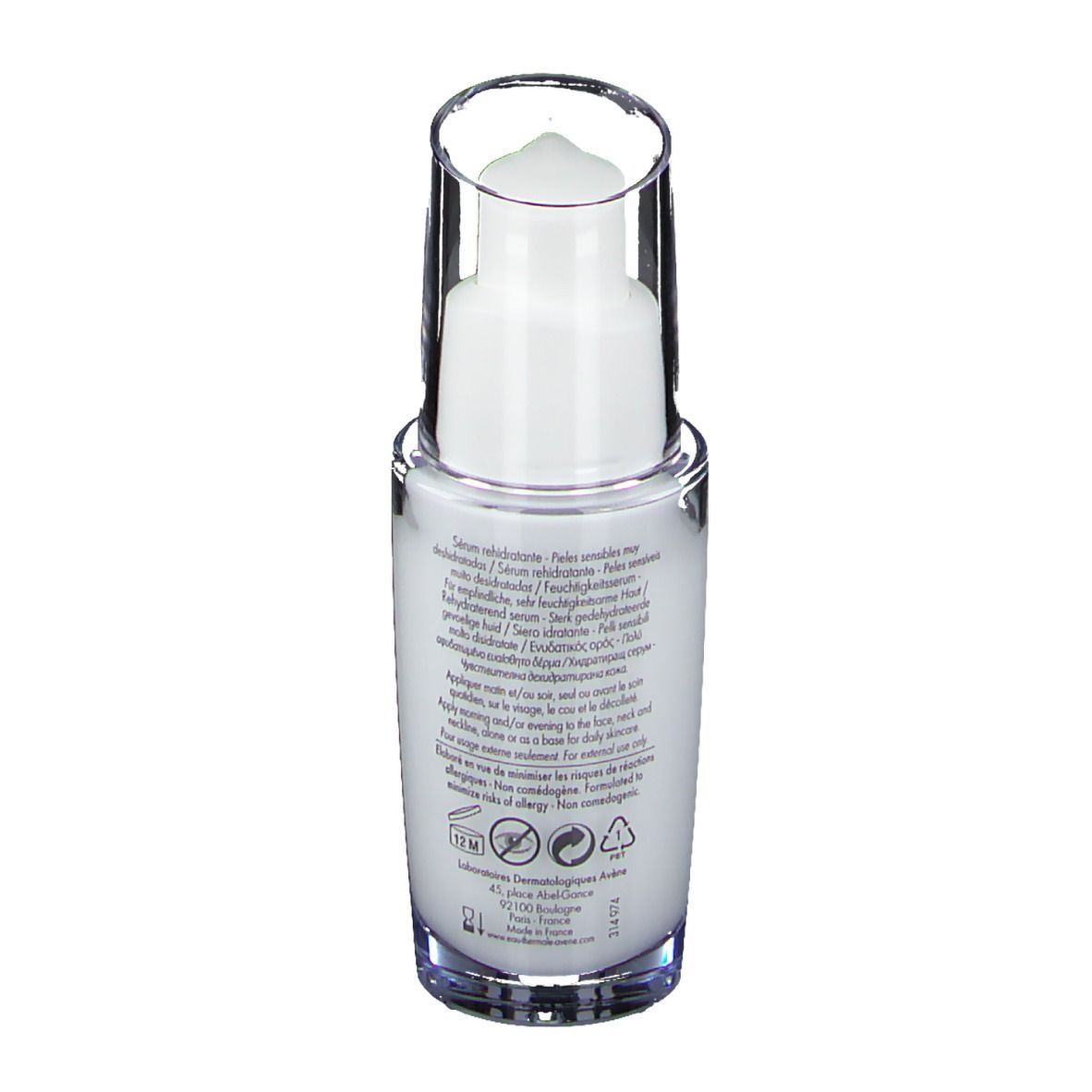 Dos du flacon blanc avec capuchon transparent. Texte: instructions d'utilisation, ingrédients, informations fabricant.