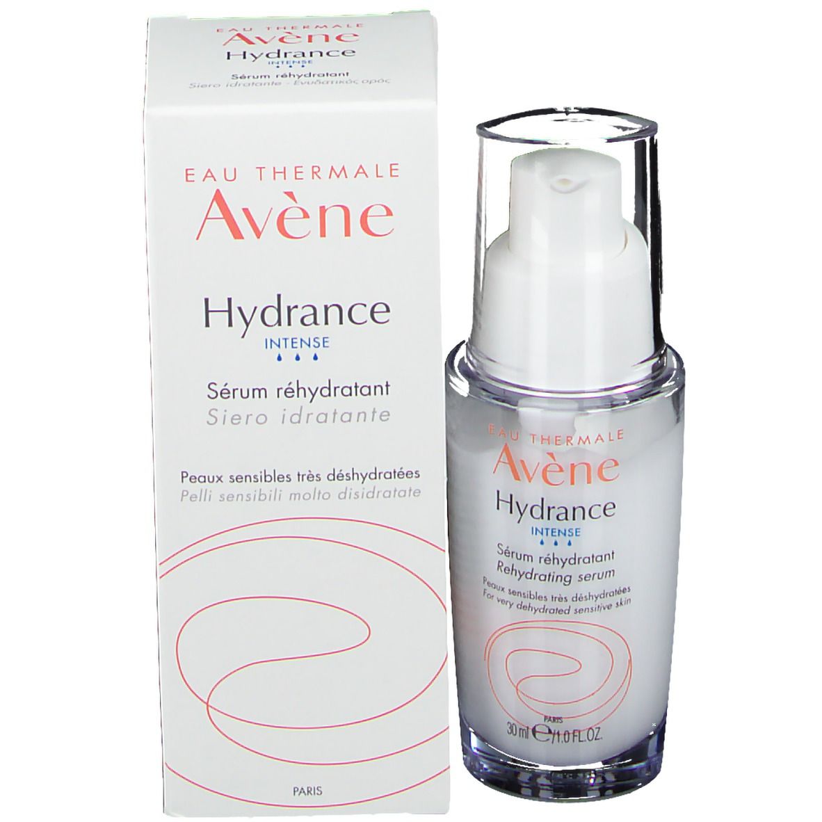 Flacon blanc avec pompe et capuchon transparent. Inscription: Eau Thermale Avène Hydrance Sérum réhydratant.