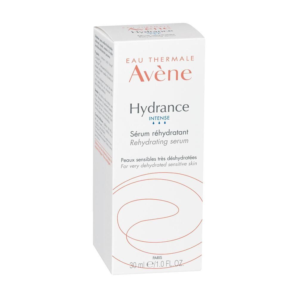 Boîte blanche avec inscription: Eau Thermale Avène Hydrance Sérum réhydratant. Pour peaux très déshydratées.
