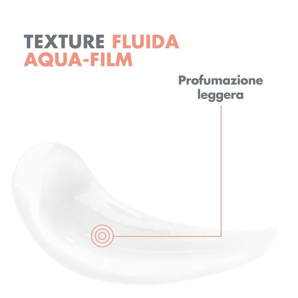 Gros plan d'une crème blanche. Texte: Texture Aqua-Film. Parfumage léger. Cercle rouge.