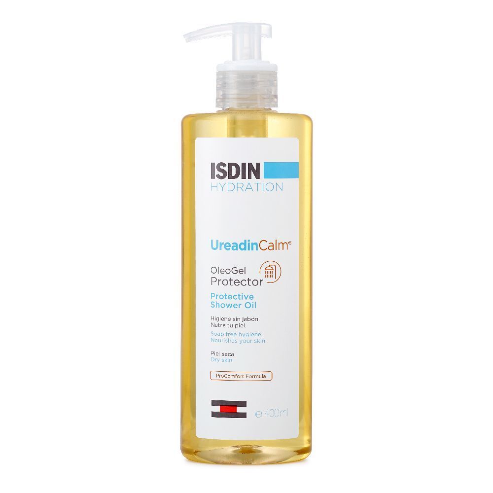 Flüssiges Produkt in einer transparenten Flasche mit Pumpe. Aufschrift: ISDIN, Ureadin Calm, OleoGel Protector. Für trockene Haut.