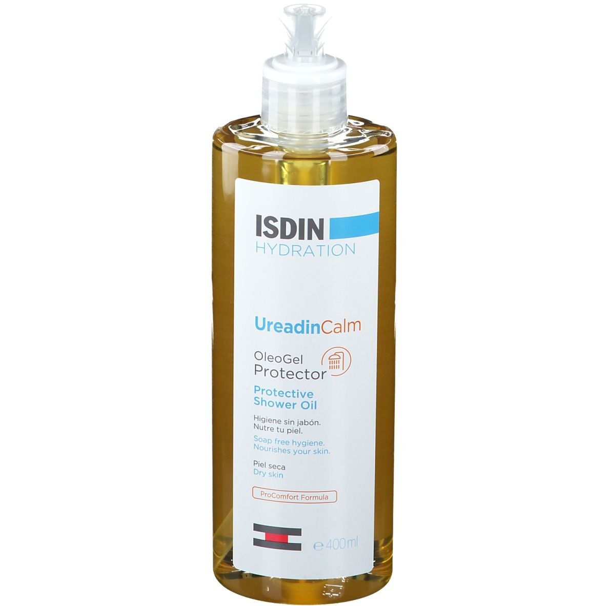 Produkt in transparenter Flasche mit Pumpe. Aufschrift: ISDIN, Ureadin Calm, OleoGel Protector. Für trockene Haut. Ansicht von vorne.
