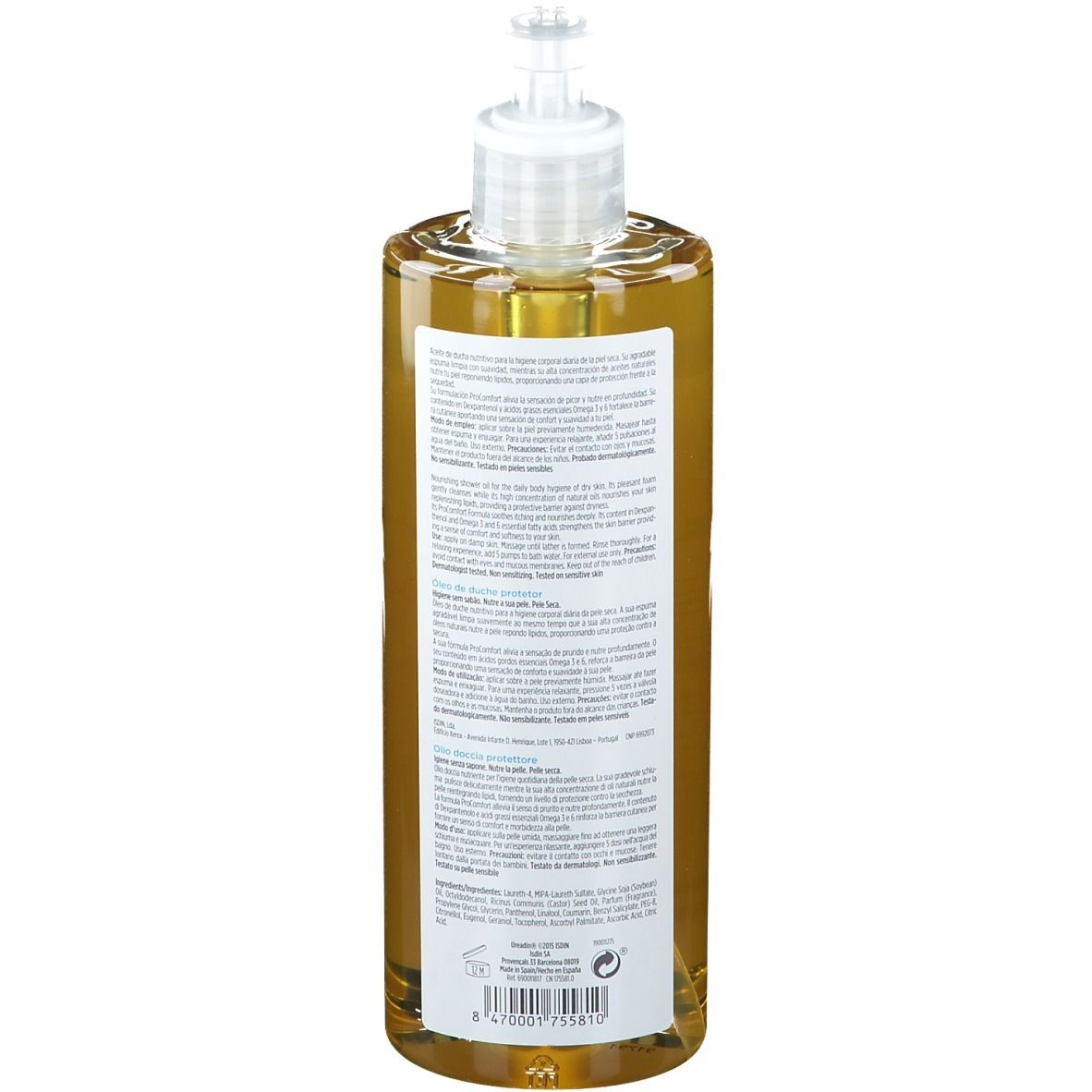 Rückseite einer transparenten Flasche mit Text. Enthält Informationen über das Produkt. Barcode unten.