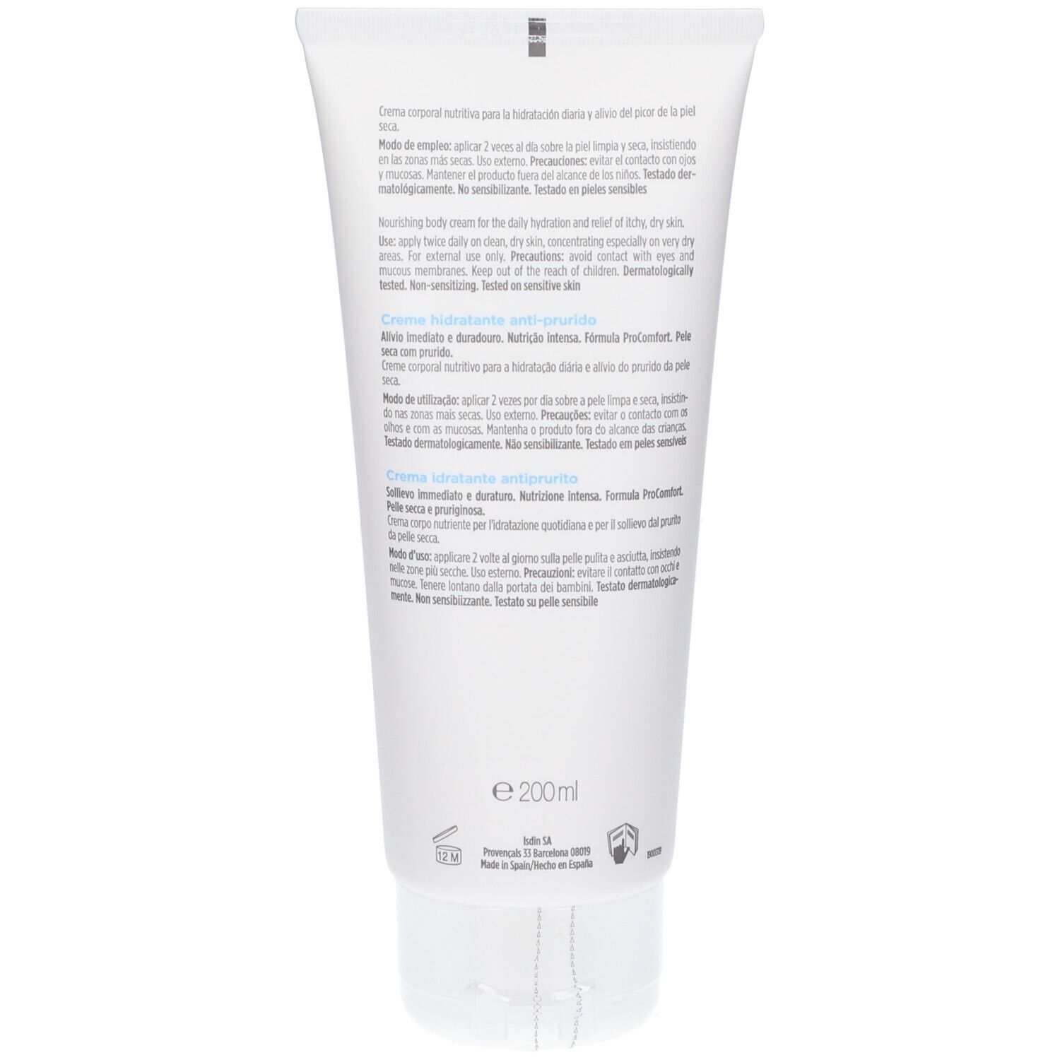 Rückseite der weißen Tube. Text in mehreren Sprachen. Volumen: 200ml. Herstellerinformationen.
