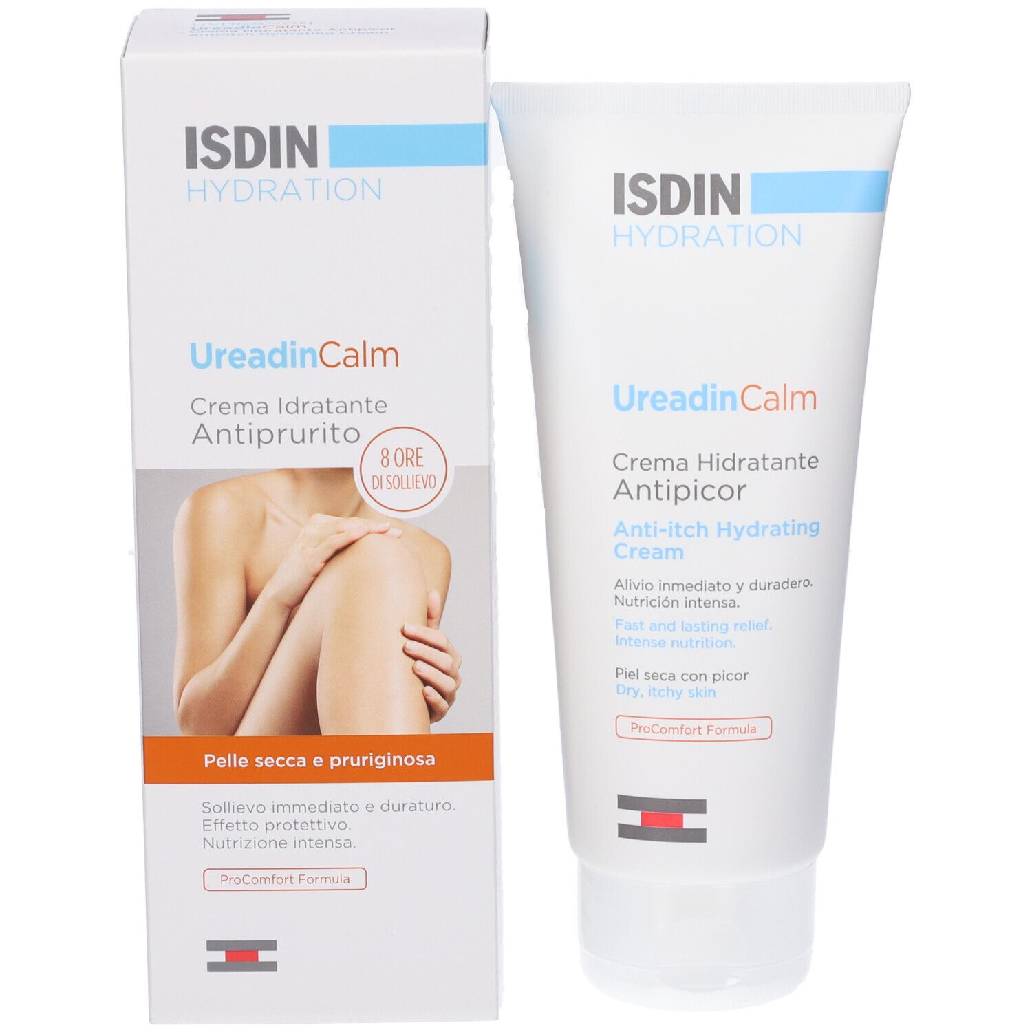 Produktverpackung: Tube und Schachtel. UreadinCalm Creme. Marke ISDIN. Abbildung einer Person.