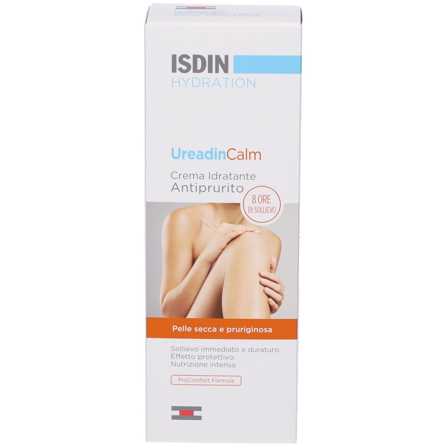 Produktverpackung: Schachtel. UreadinCalm Creme. Marke ISDIN. Abbildung einer Person.