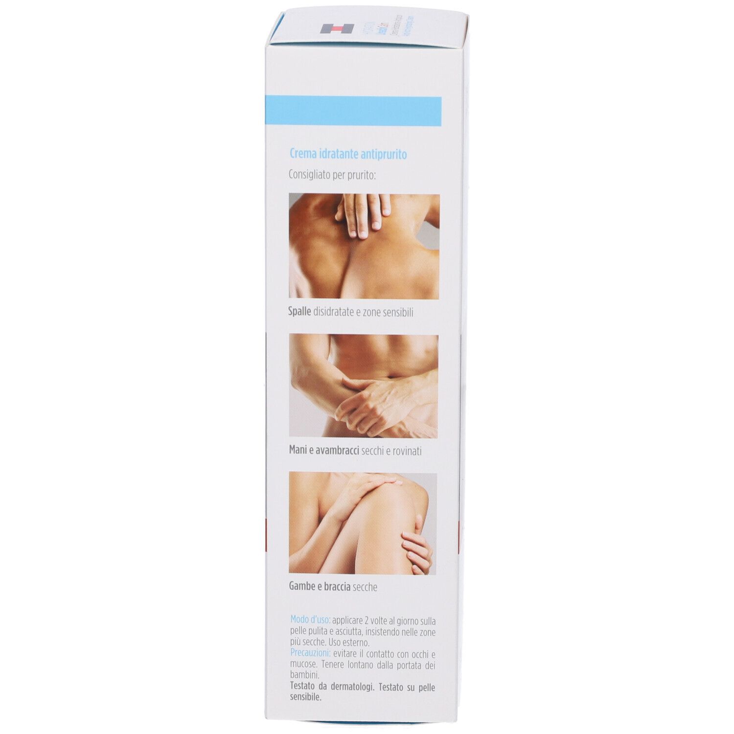 Seite der Produktverpackung. Abbildungen von Körperstellen. Text: Creme idratante antiprurito.