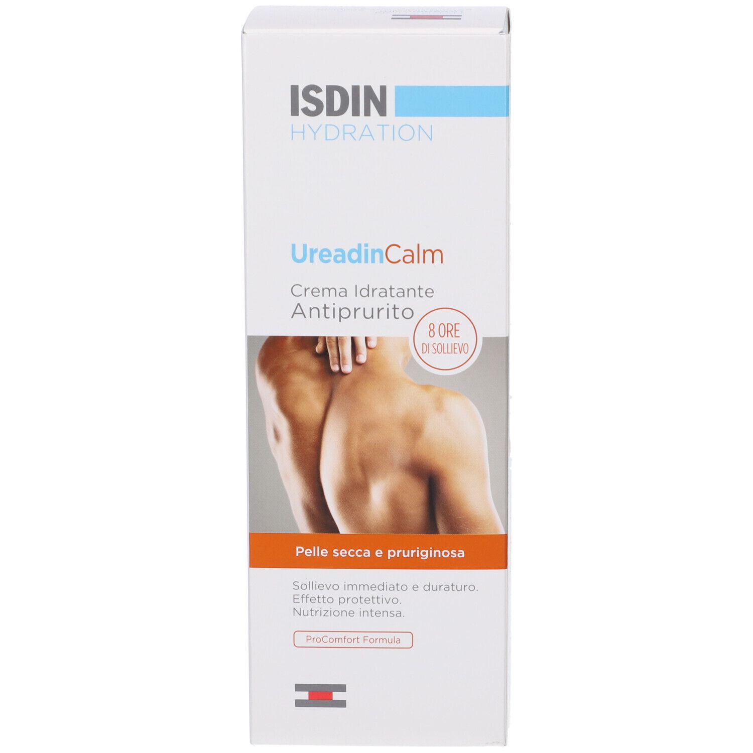 Seite der Produktverpackung. Abbildung einer Person. Text: Creme idratante antiprurito.