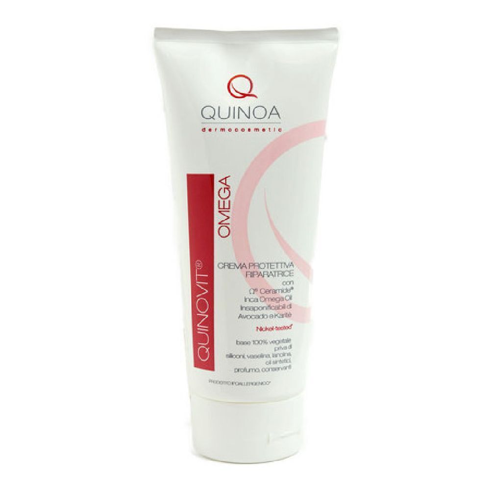 Tubo bianco con fascia rossa. Scritta: Quinovit Omega, Quinoa, crema. Testo: Crema protettiva riparatrice.