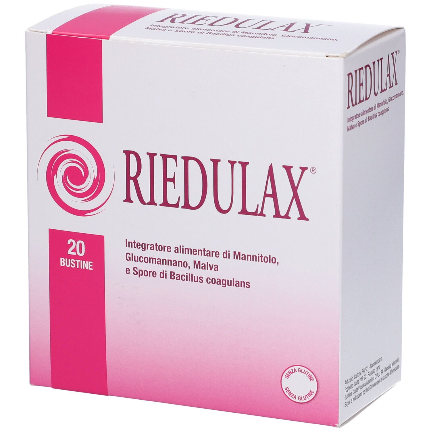 Scatola bianca con dettagli rosa. Scritta: RIEDULAX. 20 bustine. Contiene mannitolo, glucomannano, malva e Bacillus coagulans.