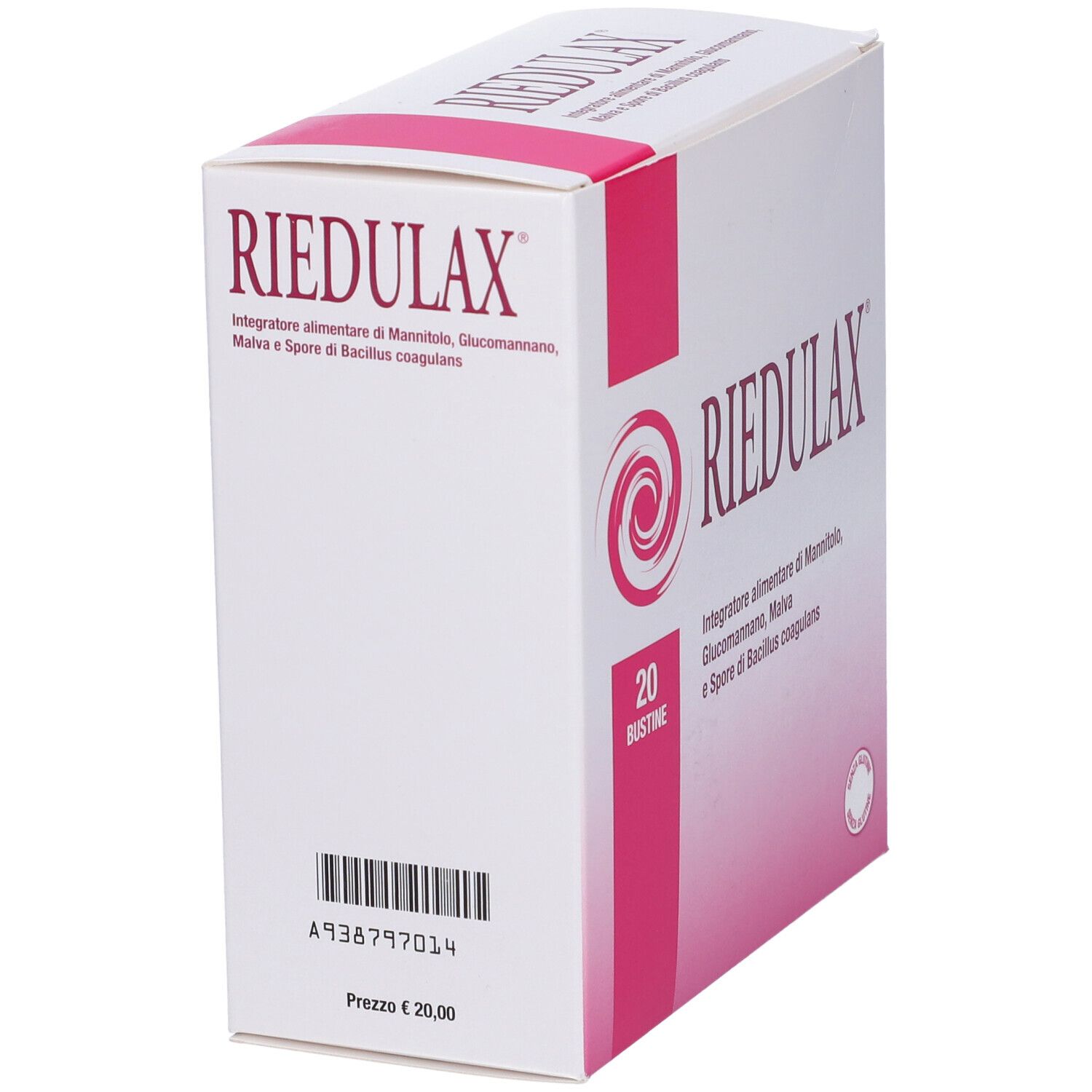 Scatola bianca con dettagli rosa. Scritta: RIEDULAX. 20 bustine. Contiene mannitolo, glucomannano, malva e Bacillus coagulans.