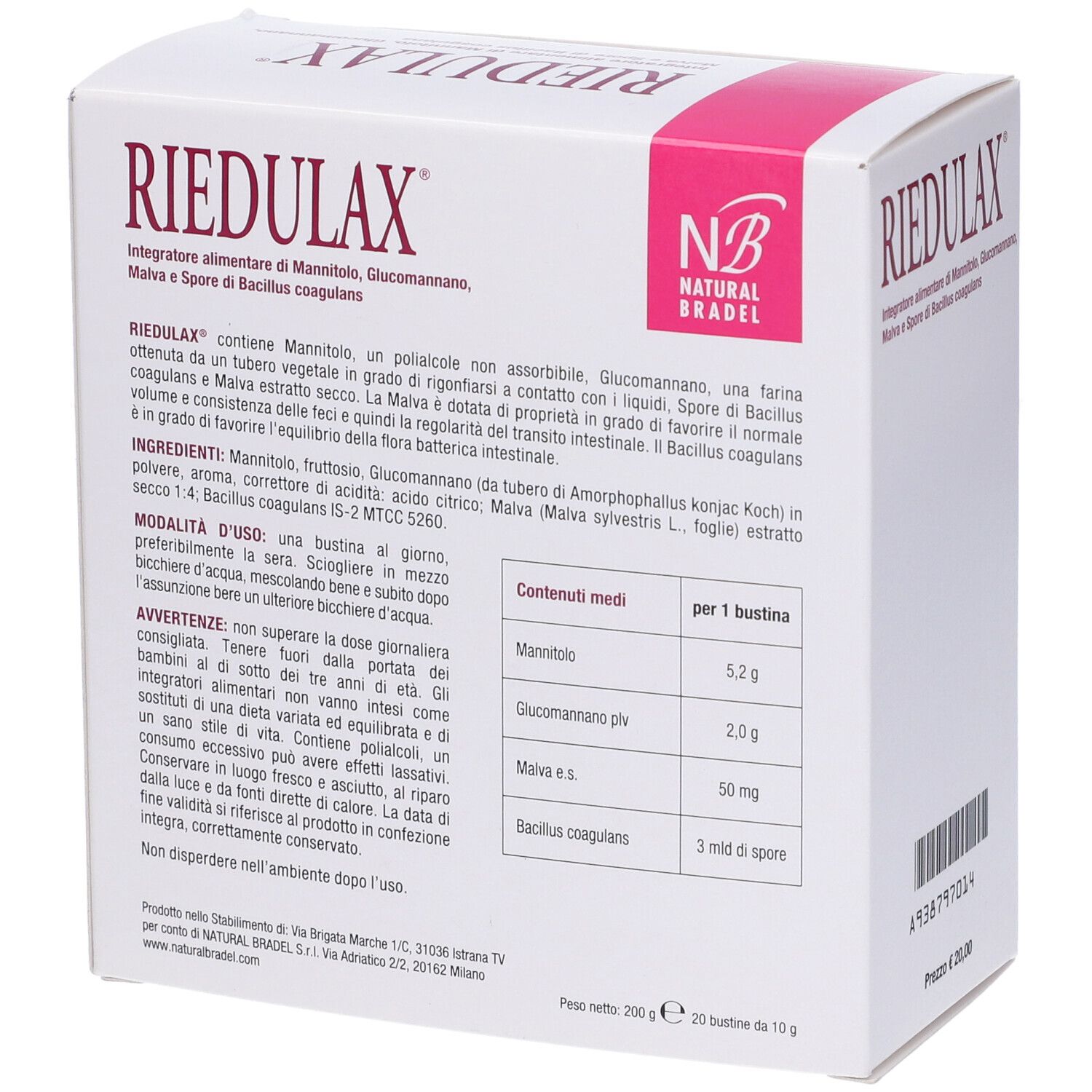 Scatola bianca con dettagli rosa. Scritta: RIEDULAX. Contiene mannitolo, glucomannano, malva e Bacillus coagulans. Ingredienti e istruzioni.