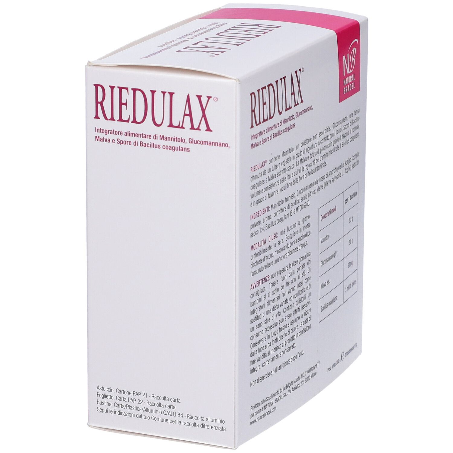 Scatola bianca con dettagli rosa. Scritta: RIEDULAX. Contiene mannitolo, glucomannano, malva e Bacillus coagulans. Ingredienti e istruzioni.