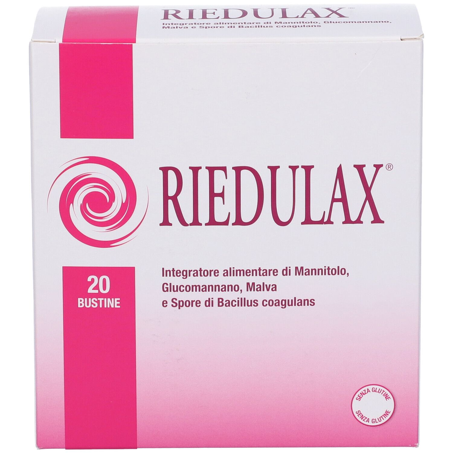 Scatola bianca con dettagli rosa. Scritta: RIEDULAX. 20 bustine. Contiene mannitolo, glucomannano, malva e Bacillus coagulans.