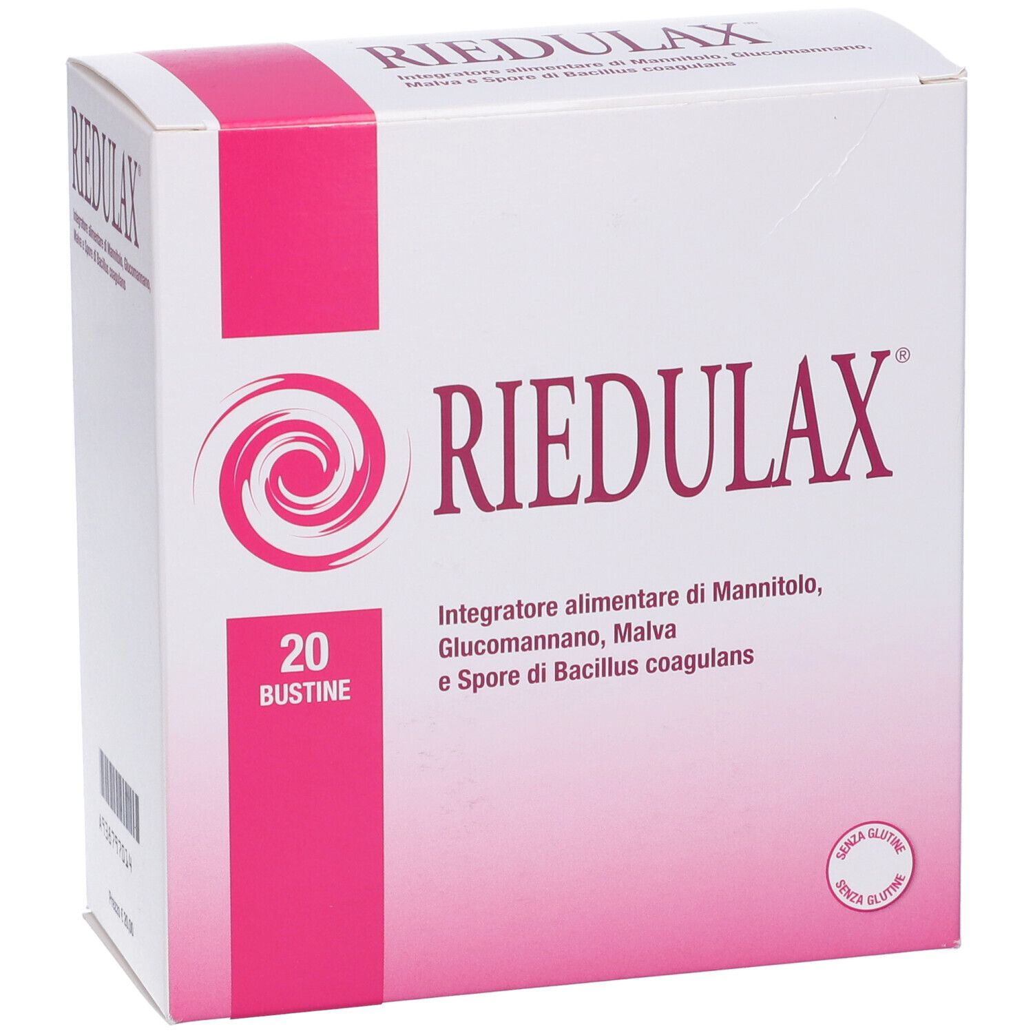 Scatola bianca con dettagli rosa. Scritta: RIEDULAX. 20 bustine. Contiene mannitolo, glucomannano, malva e Bacillus coagulans.