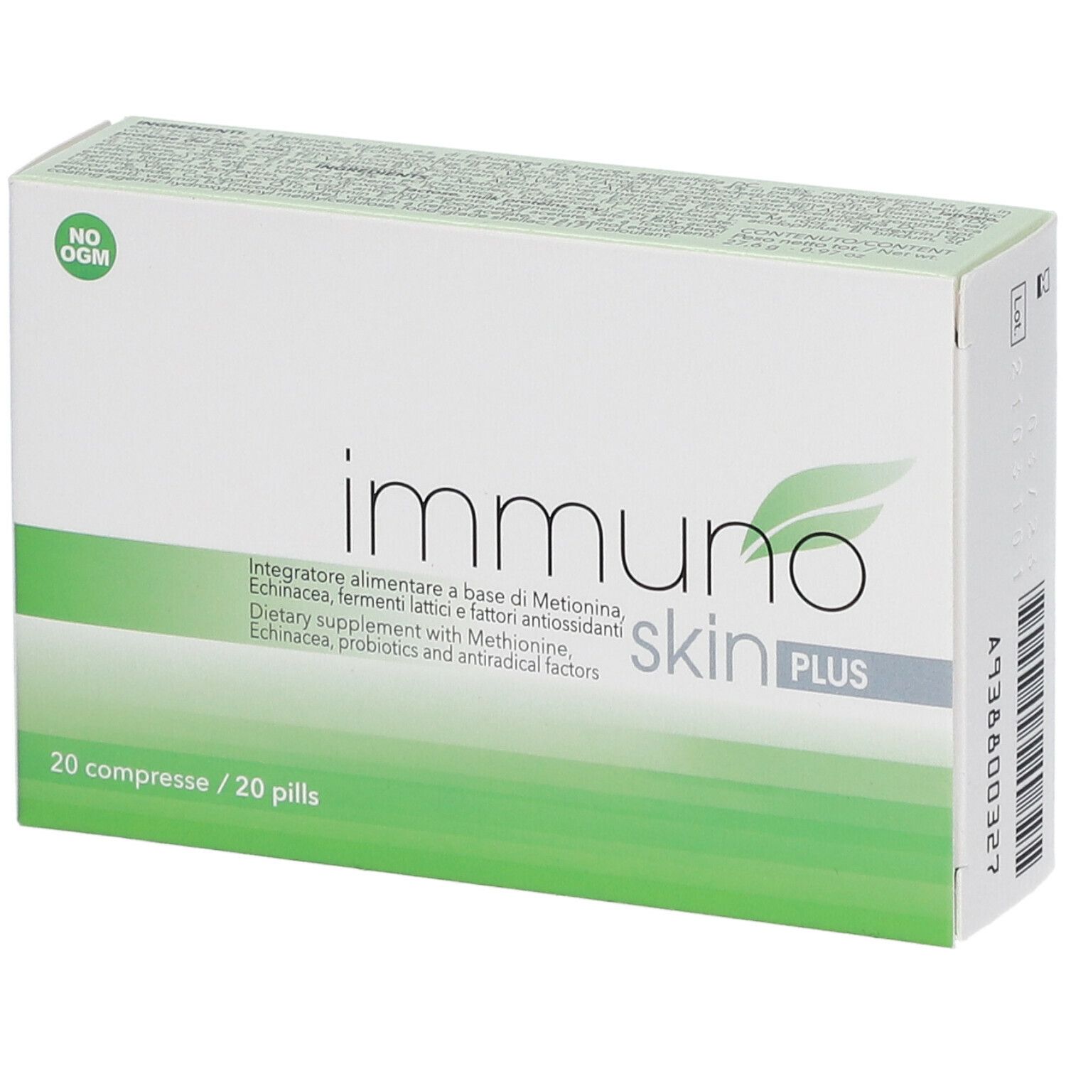 Scatola bianca con fascia verde. Scritto: Immuno Skin PLUS. Contiene 20 compresse.