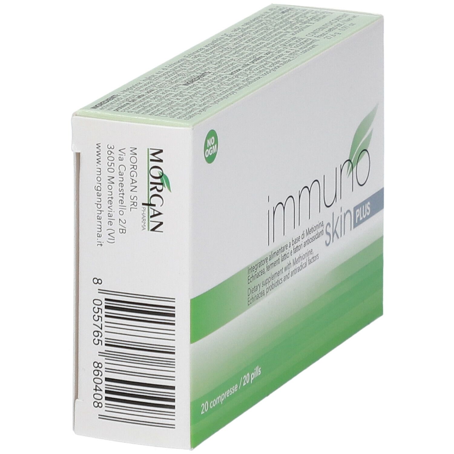 Scatola bianca con fascia verde. Scritto: Immuno Skin PLUS. Contiene 20 compresse.