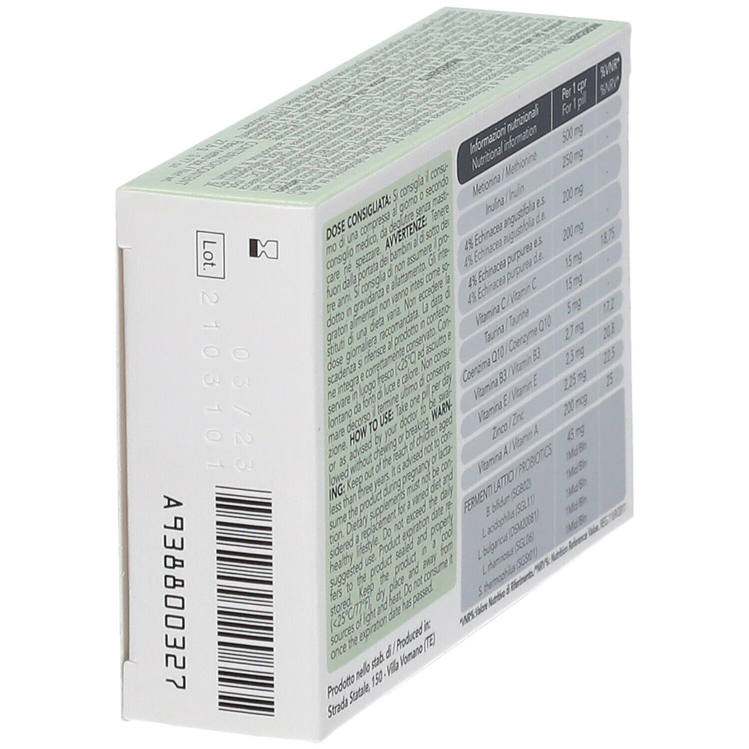 Scatola con fascia verde. Scritto: Immuno Skin PLUS. Contiene 20 compresse. Retro con testo.