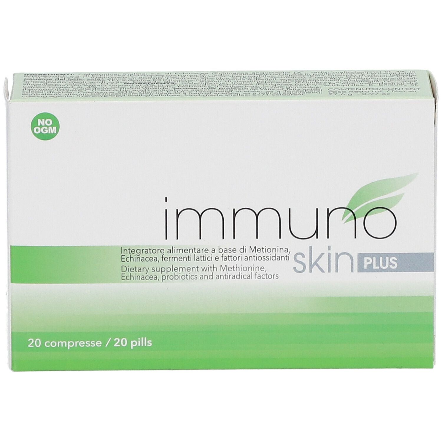Scatola bianca con fascia verde. Scritto: Immuno Skin PLUS. Contiene 20 compresse.