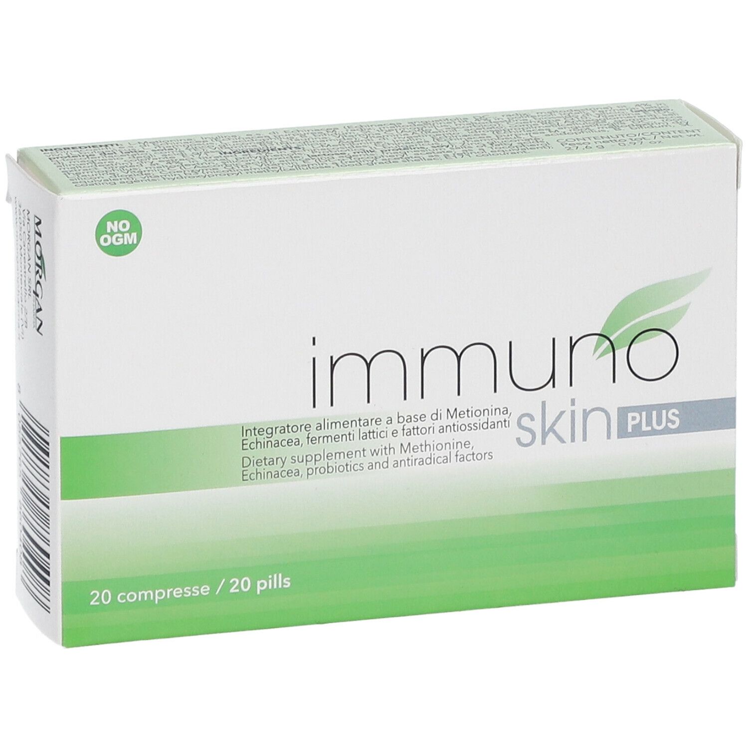 Scatola bianca con fascia verde. Scritto: Immuno Skin PLUS. Contiene 20 compresse.