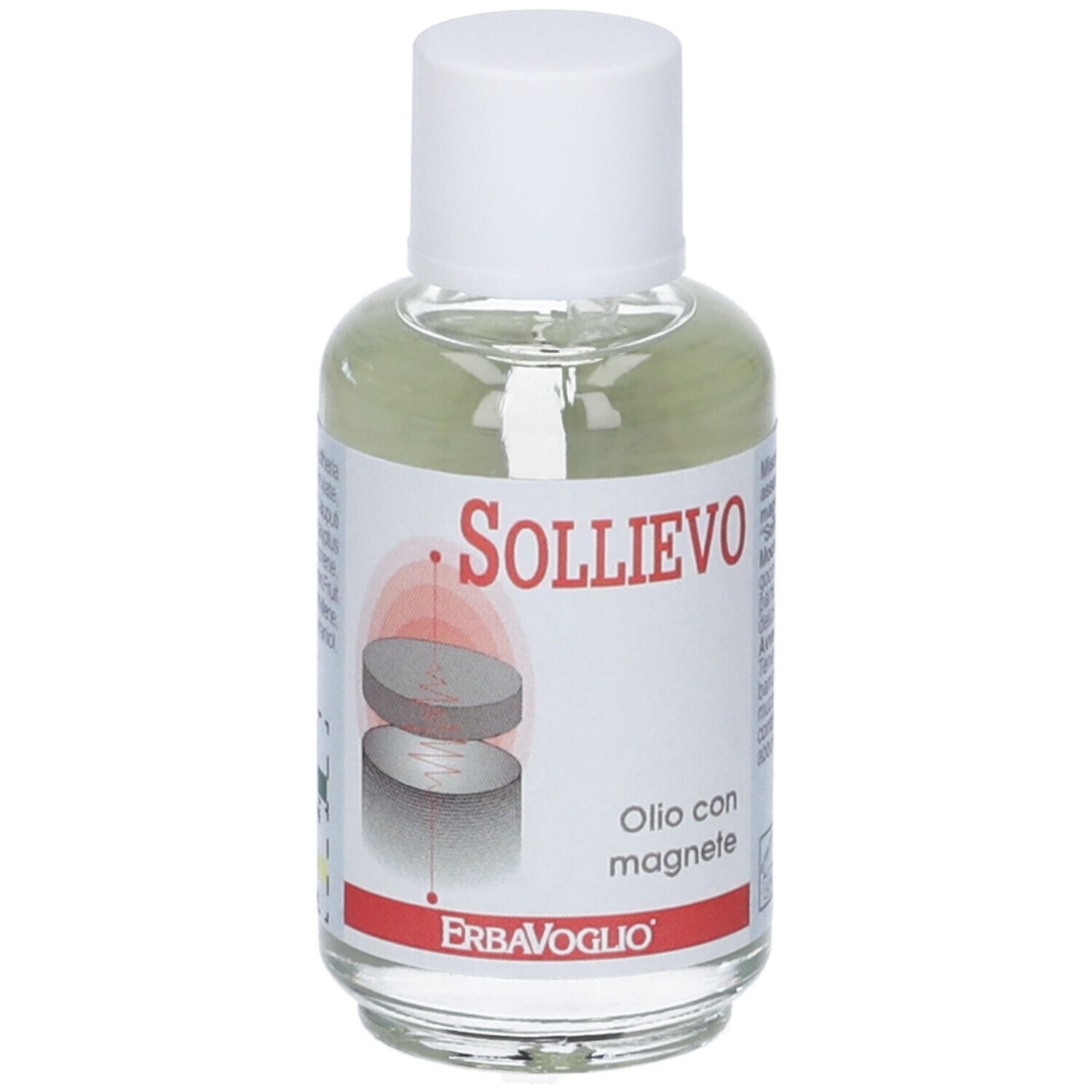 Olio trasparente in bottiglia di vetro con tappo bianco. Etichetta con nome prodotto e illustrazione magnete.