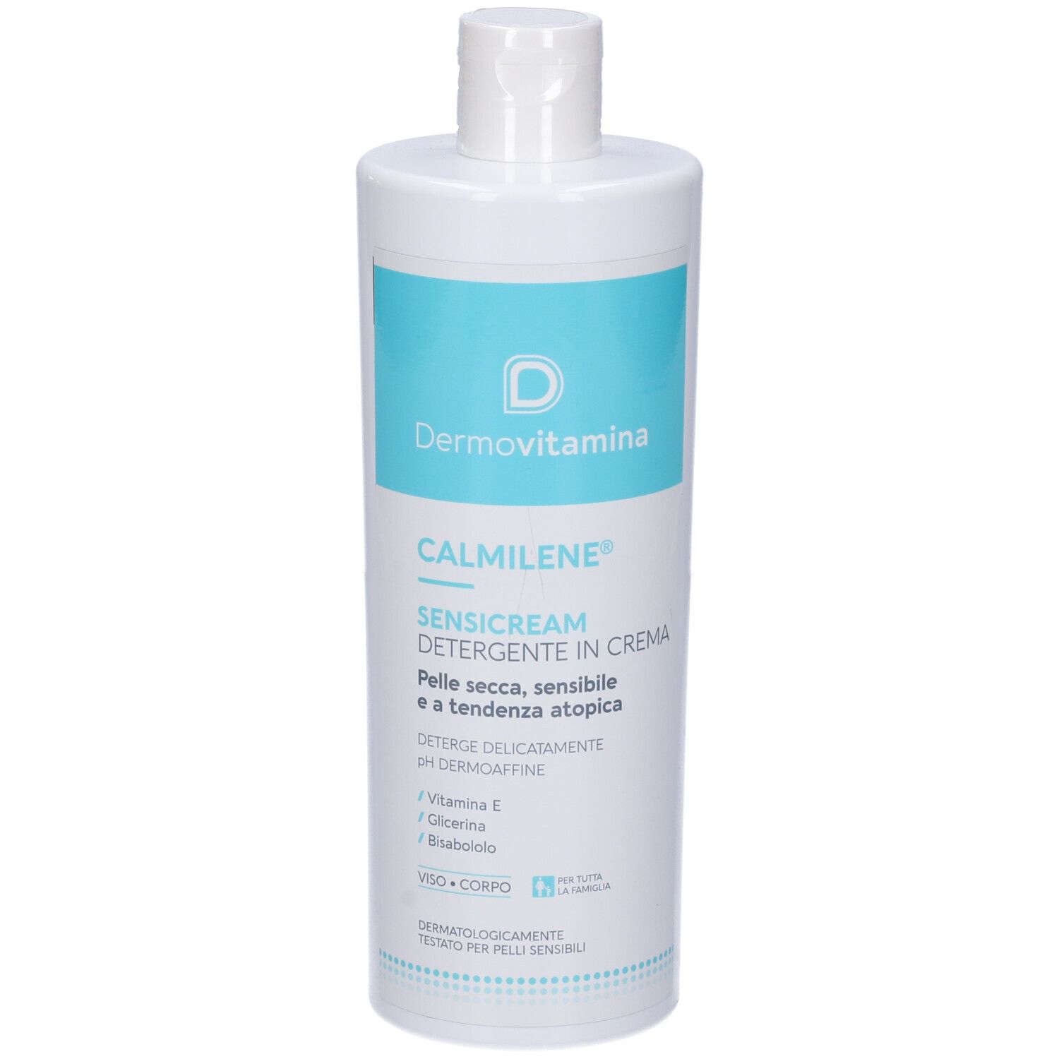 Flacone bianco con etichetta blu. Scritta: Dermovitamina, CALMILENE, SENSICREAM DETERGENTE IN CREMA. Per pelli secche, sensibili.