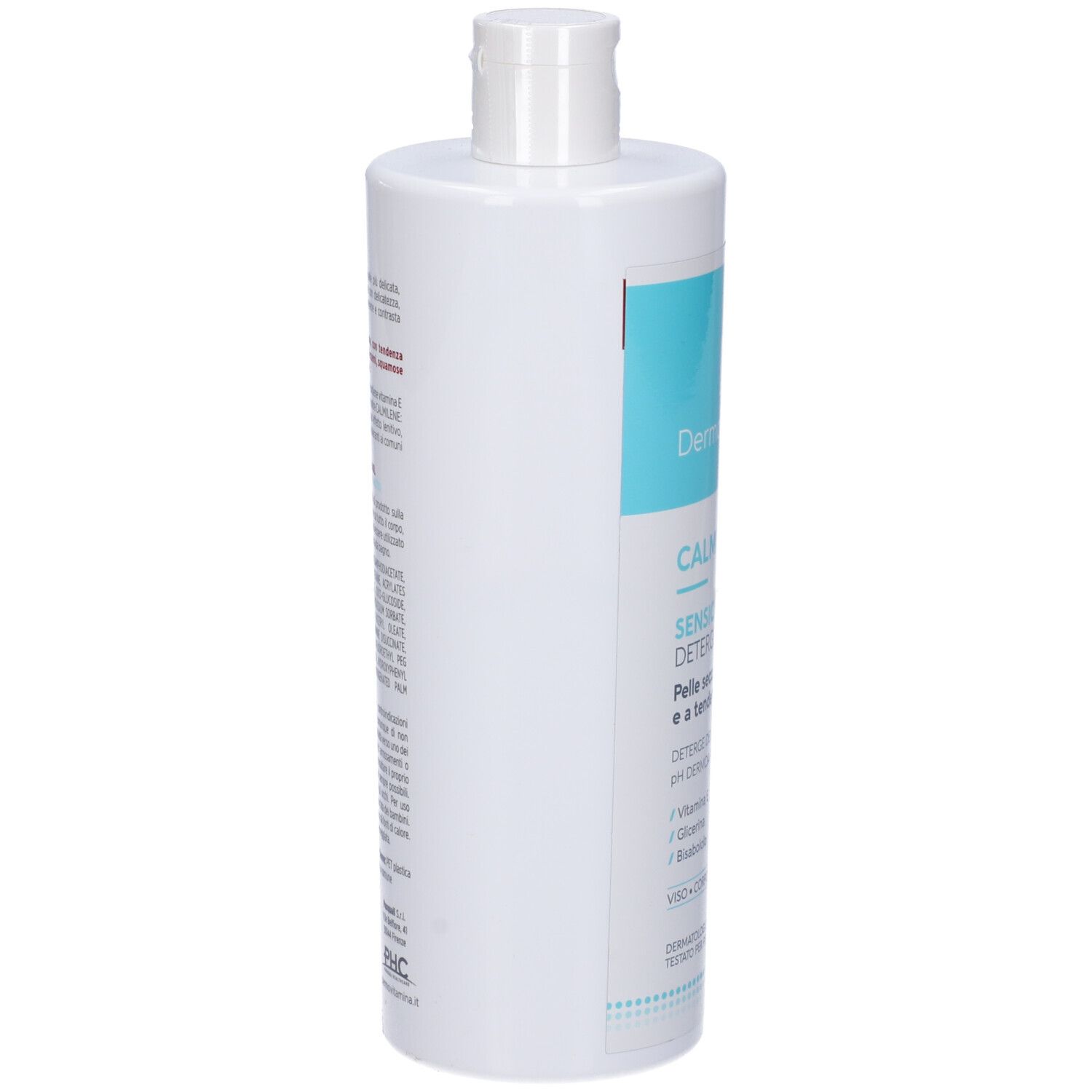 Flacone bianco con etichetta blu. Scritta: Dermovitamina, CALMILENE, SENSICREAM DETERGENTE IN CREMA. Per pelli secche, sensibili.