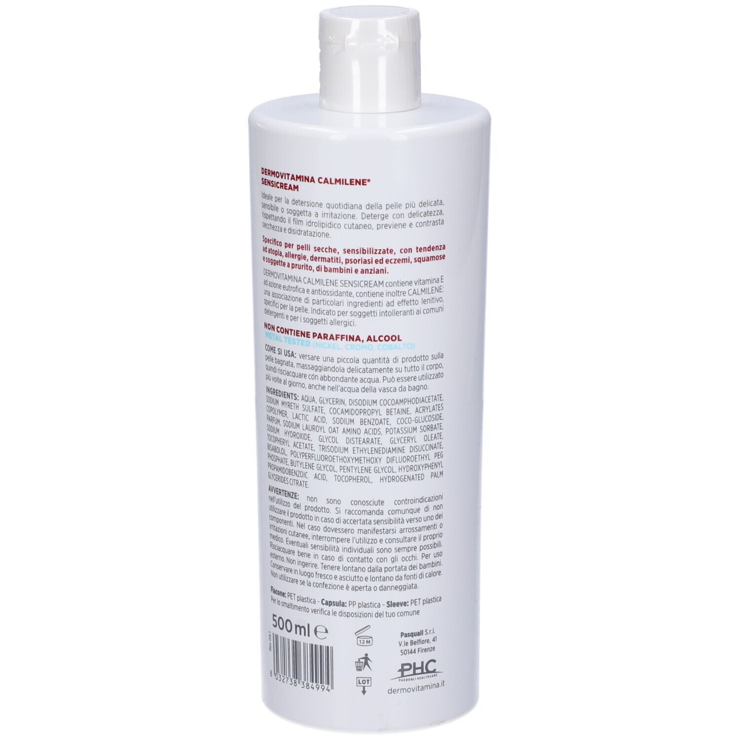 Flacone bianco, vista laterale. Scritta: Dermovitamina, CALMILENE, SENSICREAM DETERGENTE IN CREMA. Per pelli secche, sensibili.