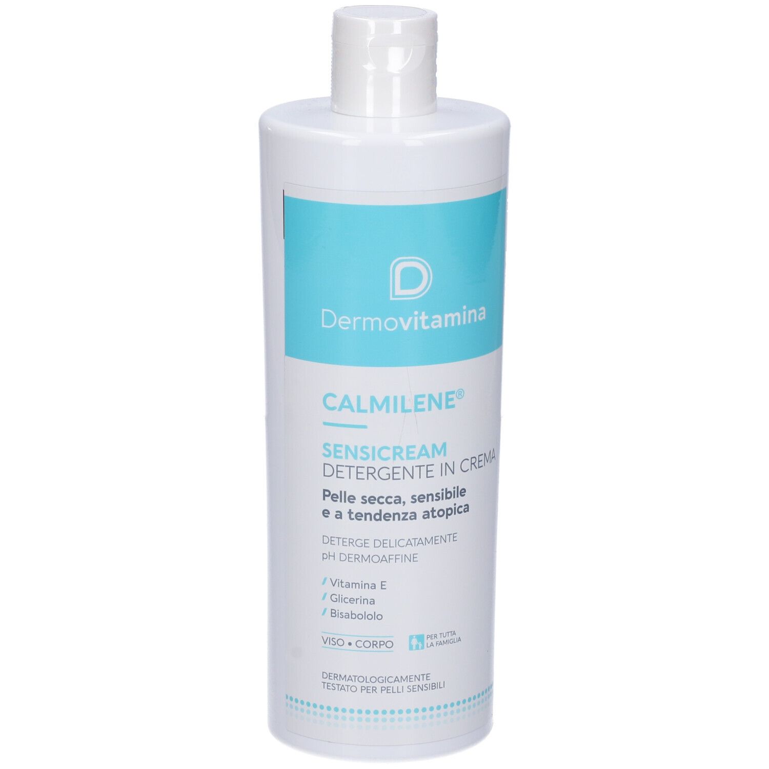 Retro di un flacone bianco. Scritta: Dermovitamina CALMILENE SENSICREAM. Ingredienti, istruzioni per l'uso, avvertenze.