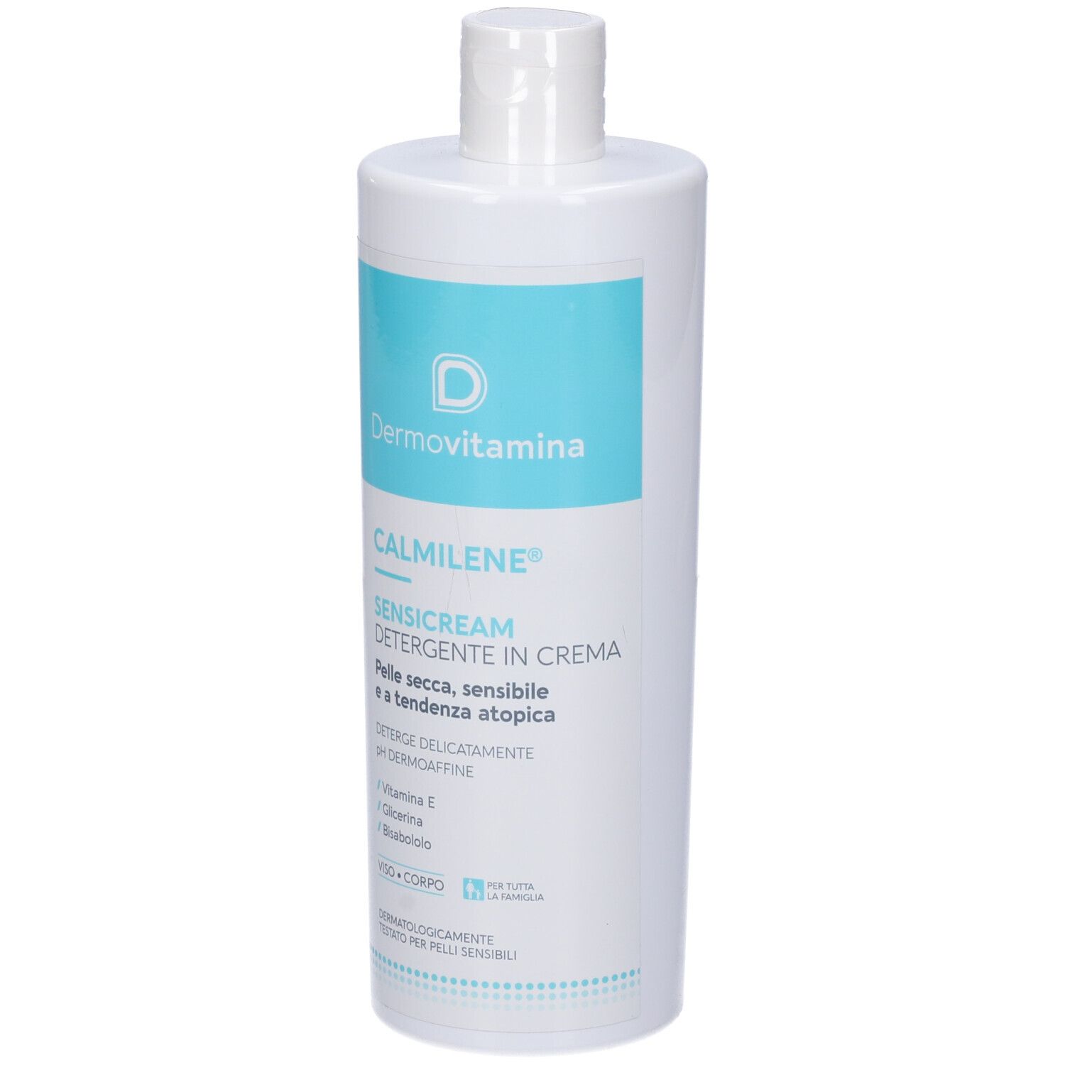 Flacone bianco con etichetta blu. Scritta: Dermovitamina, CALMILENE, SENSICREAM DETERGENTE IN CREMA. Per pelli secche, sensibili.
