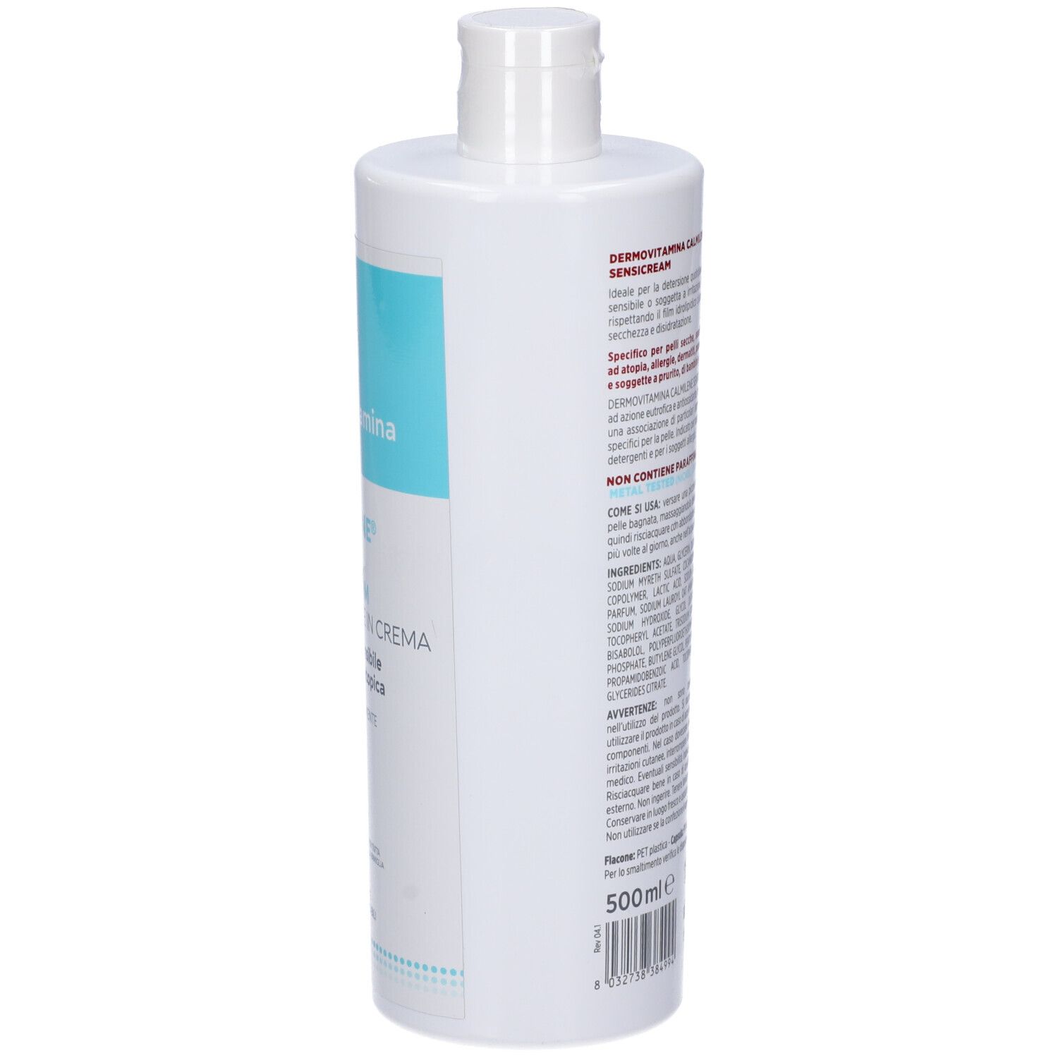 Flacone bianco, vista laterale. Scritta: Dermovitamina, CALMILENE, SENSICREAM DETERGENTE IN CREMA. Per pelli secche, sensibili.