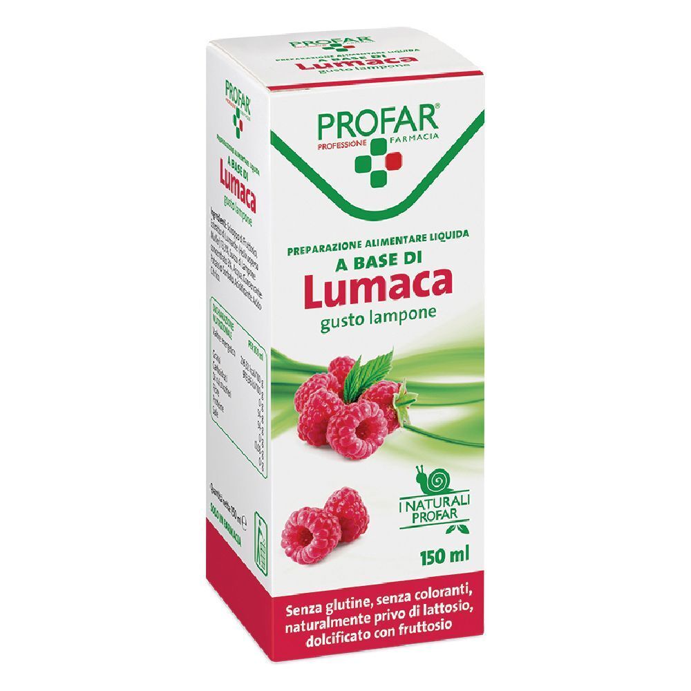 Confezione con nome prodotto "Lumaca gusto lampone". Marchio "PROFAR". Immagine di lamponi. Testo: "Senza glutine, senza coloranti..."