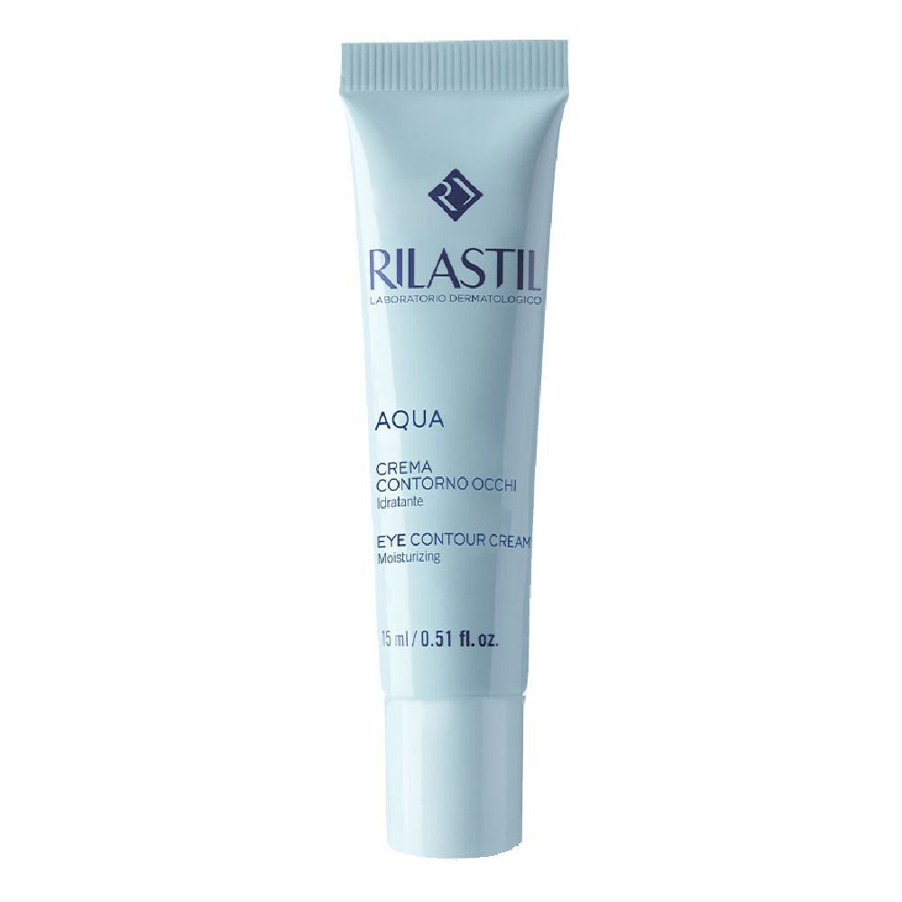 Tube bleu clair avec logo Rilastil et nom du produit. Texte : Aqua Crema Contorno Occhi, Eye Contour Cream.