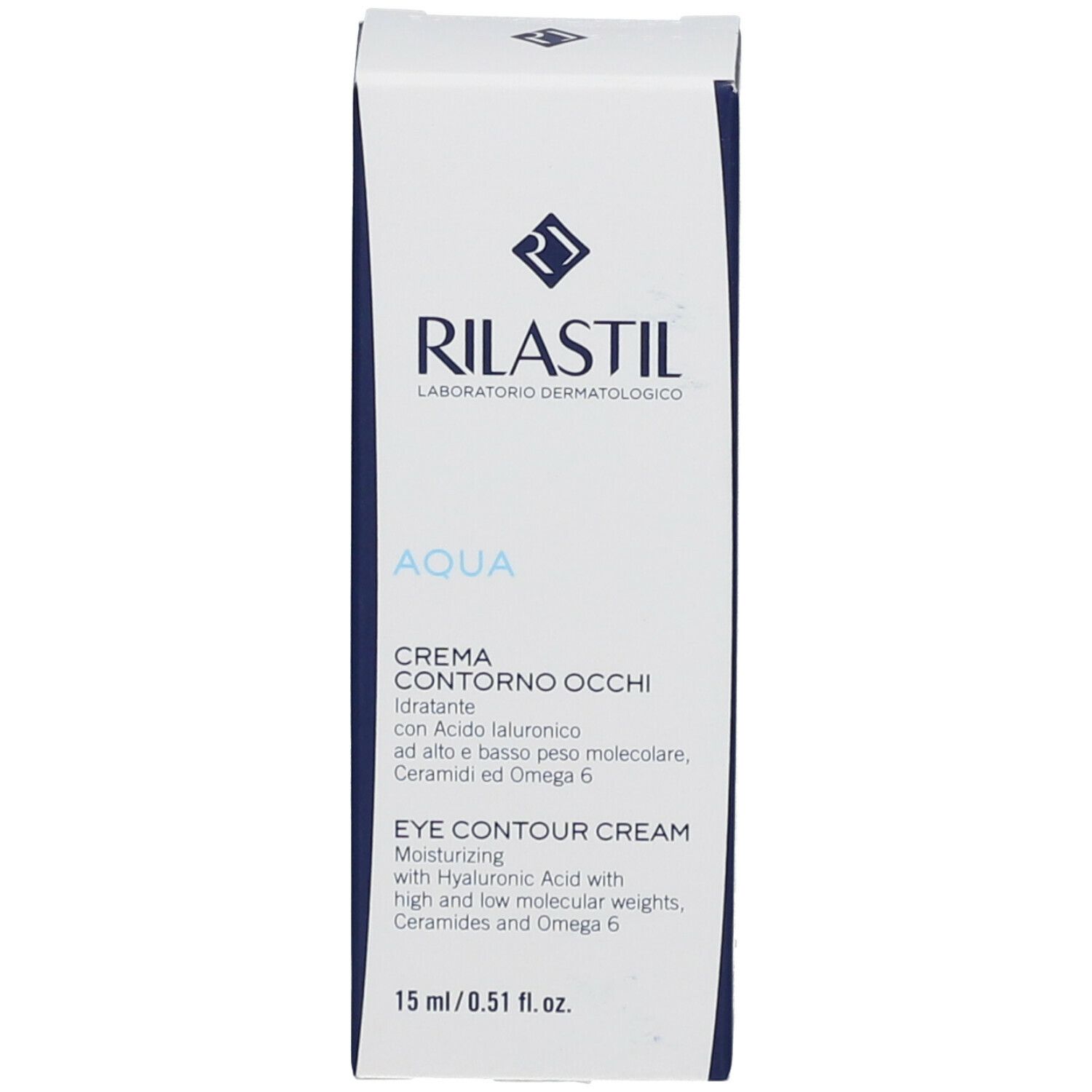 Emballage en carton avec logo Rilastil et nom du produit. Texte : Aqua Crema Contorno Occhi, Eye Contour Cream.