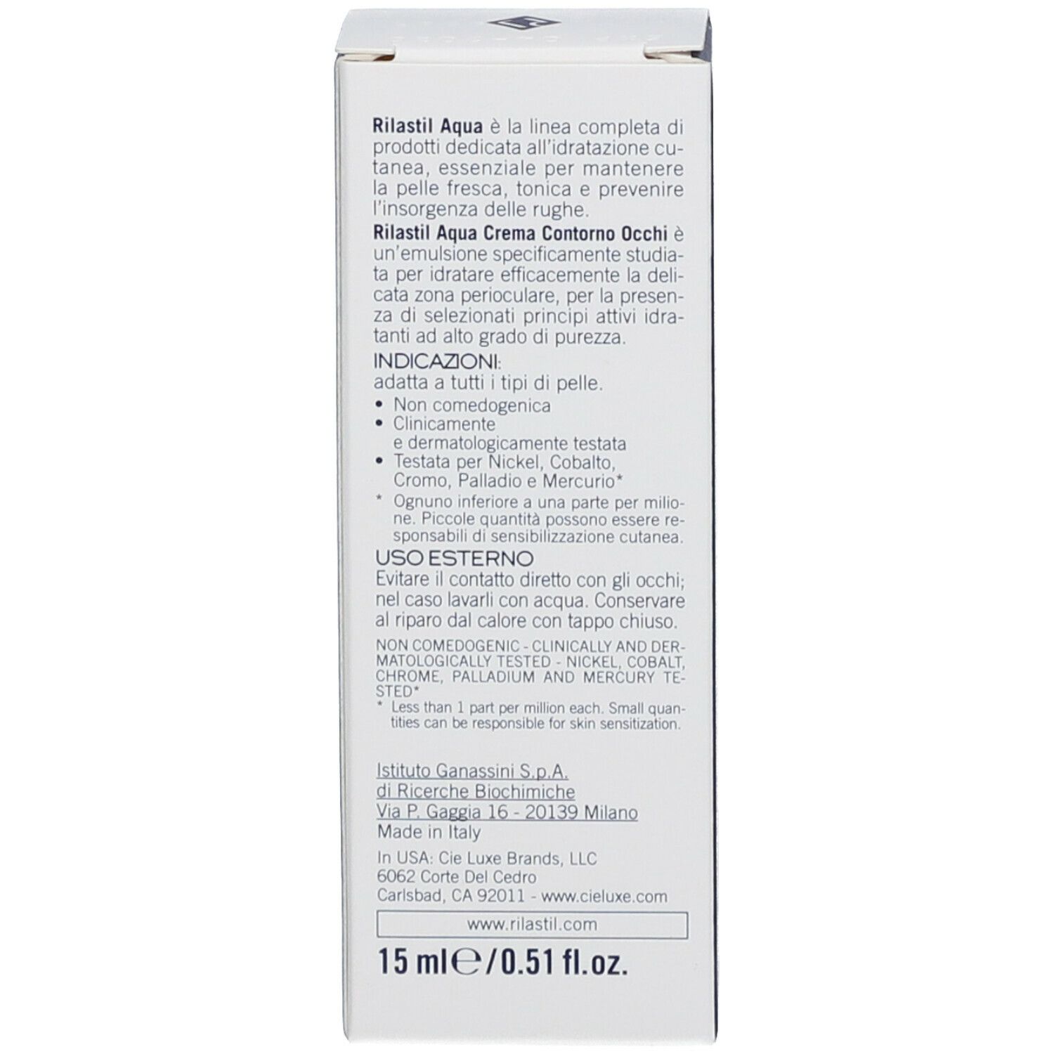 Vue latérale de l'emballage en carton. Texte : informations sur le produit, ingrédients, informations sur le fabricant.
