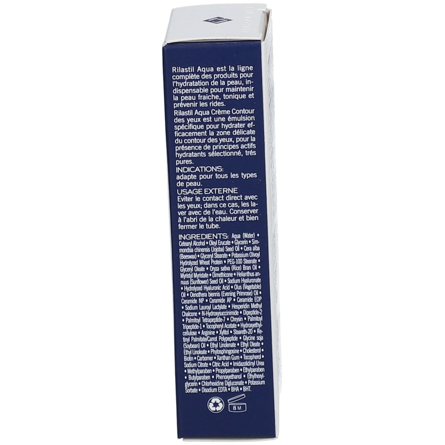 Vue latérale de l'emballage en carton. Texte : ingrédients, informations sur le fabricant, symboles de recyclage.