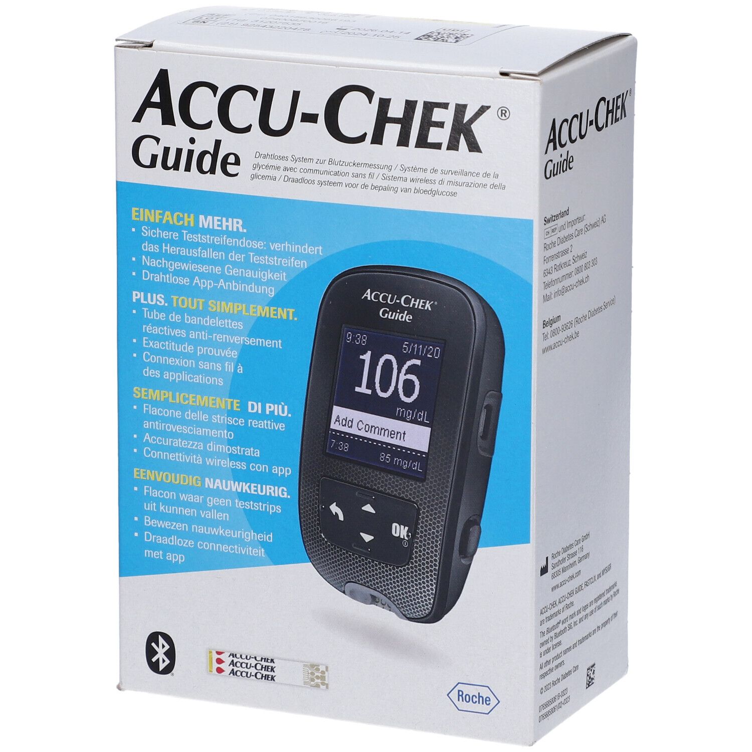 Confezione di Accu-Chek Guide. Sulla scatola è raffigurato un misuratore di glicemia. Display: 106 mg/dL.