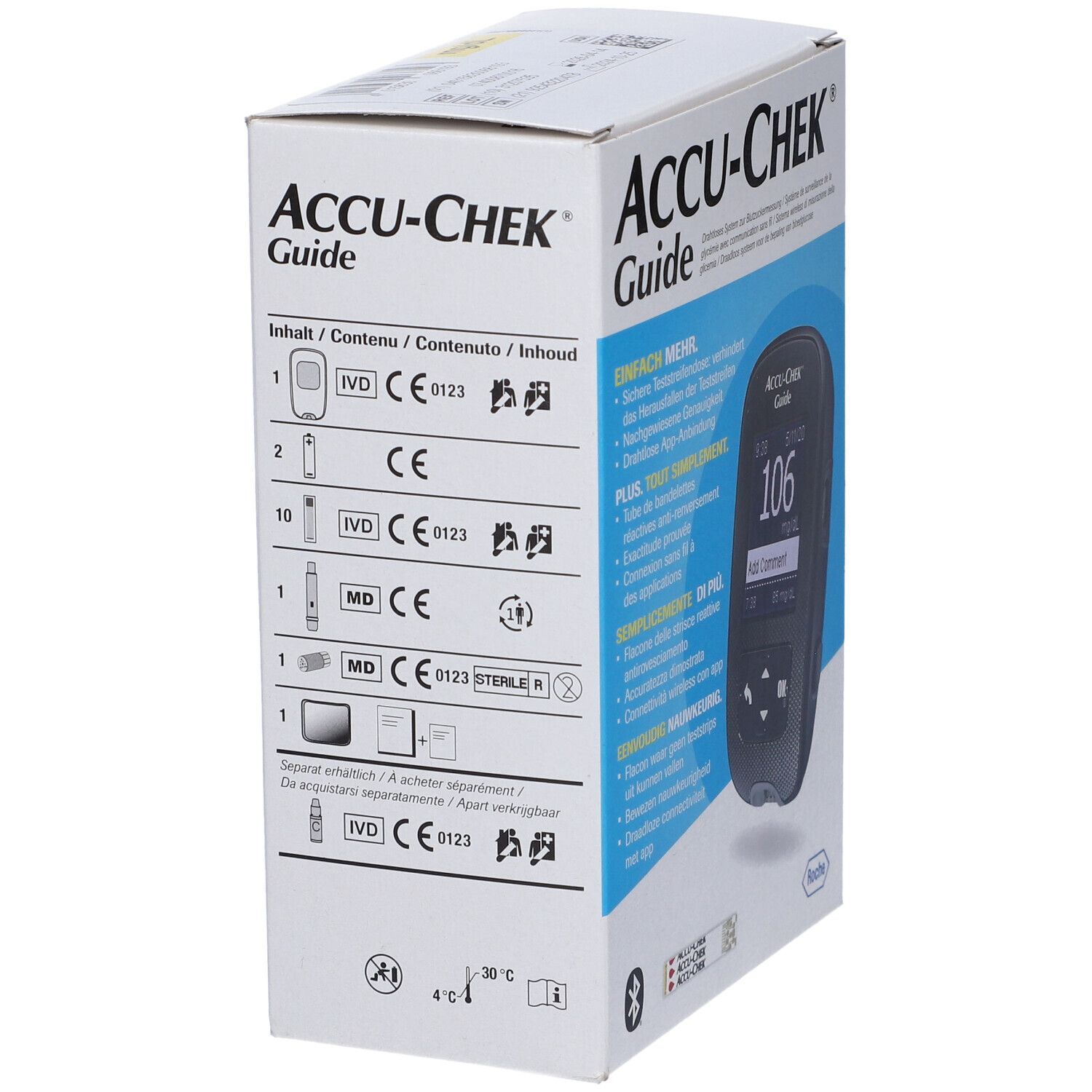 Confezione di Accu-Chek Guide. Sulla scatola sono raffigurati un misuratore di glicemia e simboli.