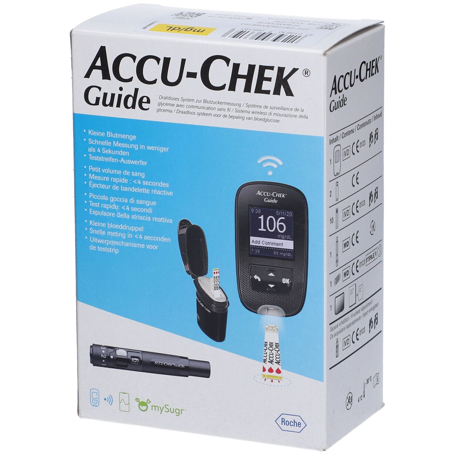 Confezione di Accu-Chek Guide. Sulla scatola sono raffigurati un misuratore di glicemia, strisce reattive e accessori.